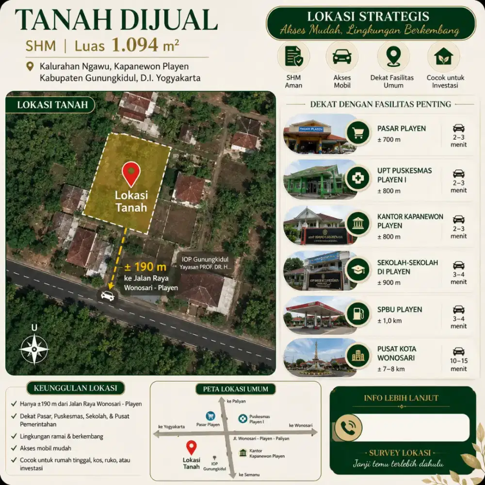 Tanah SHM Playen Gunungkidul 1.094 m² | 190 m dari Jalan Raya