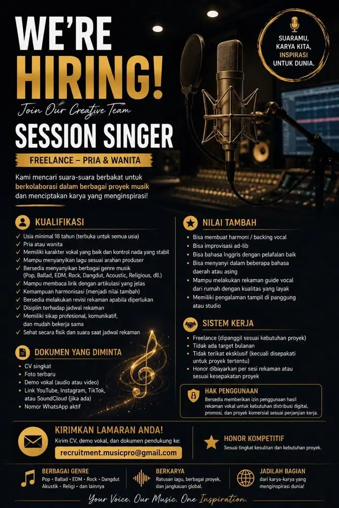 LOWONGAN FREELANCE – SESSION SINGER (PRIA & WANITA)