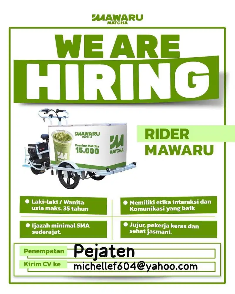 Lowongan Rider Mawaru Matcha (Part Time & Full Time)