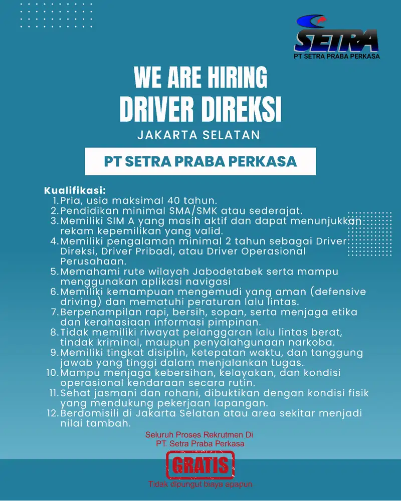 Lowongan Kerja Driver Direksi (Wajib pengalaman)