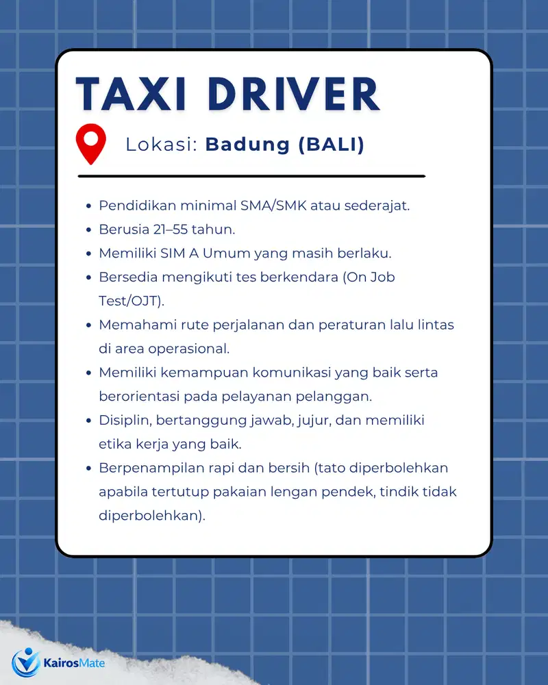 Lowongan Kerja - DRIVER (TAXI) | BALI