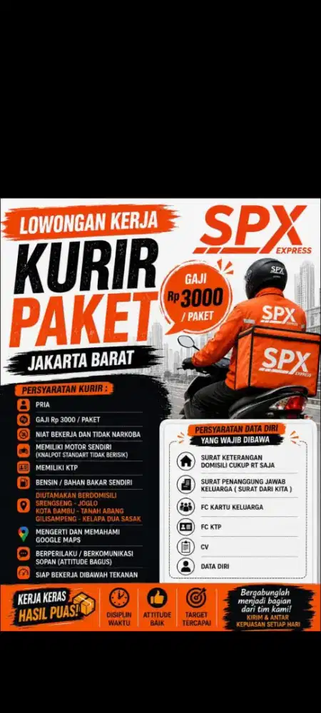 DICARI KURIR RIDER/MOTOR KHUSUS BULKY AREA JAKBAR