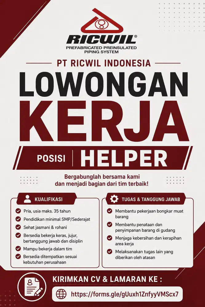 Lowongan Kerja (LOKER) sebagai Helper di PT Ricwil Indonesia
