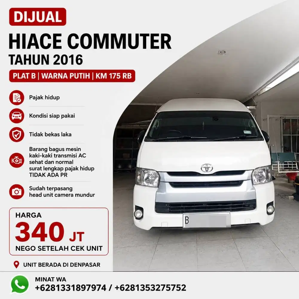 Dijual HIACE COMMUTER tahun 2016 Plat B warna putih KM 175 RB