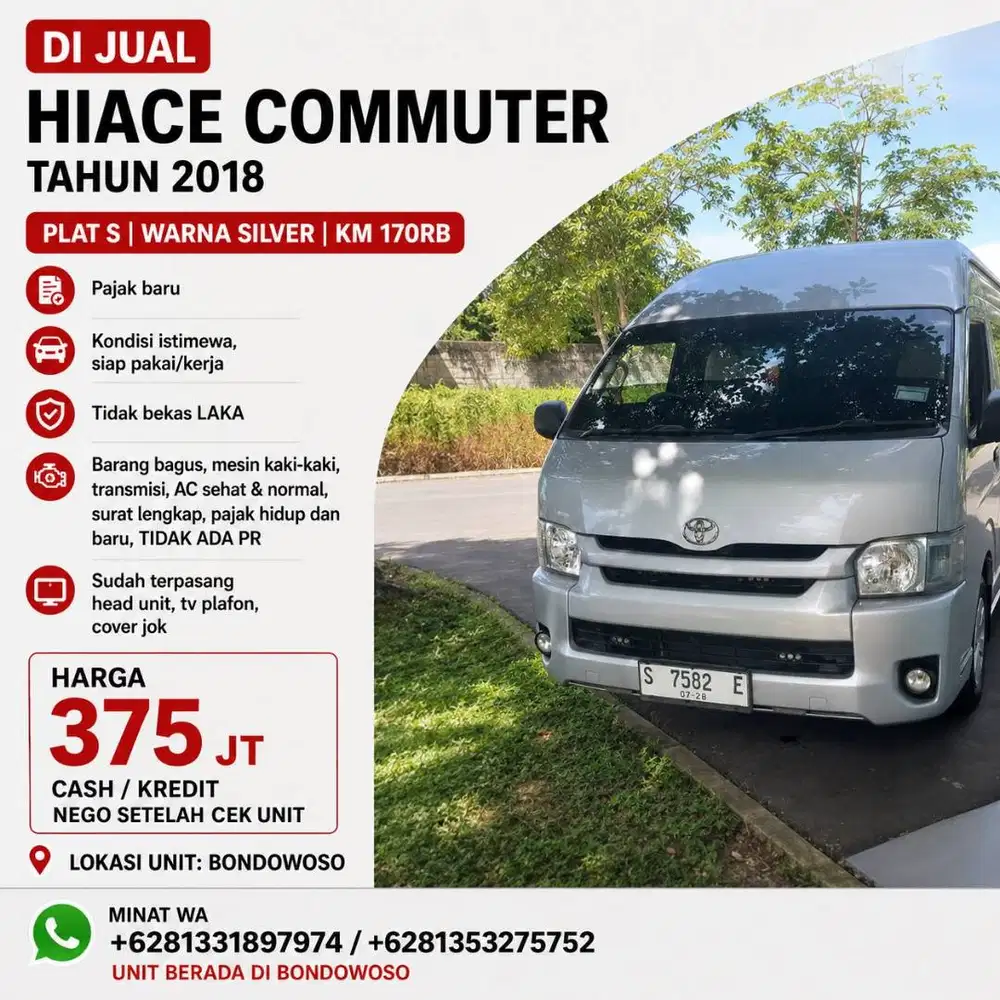 Di jual HIACE COMMUTER tahun 2018 Plat S, warna silver, KM 170rb