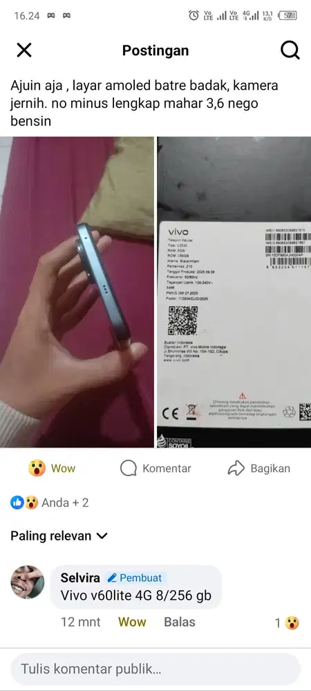 Vivo v60lite 4G 8/256GB , MASIH MULUS LENGKAP, MAHAR 3,5 NEGO
