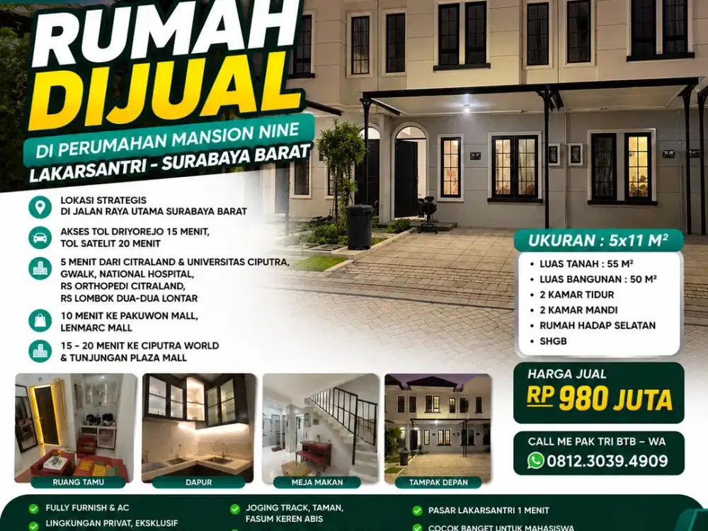 FULL FURNISHED!! 2 LANTAI DI PERUMAHAN MANSION NINE DEKAT PASAR LAKARSANTRI SURABAYA BARAT