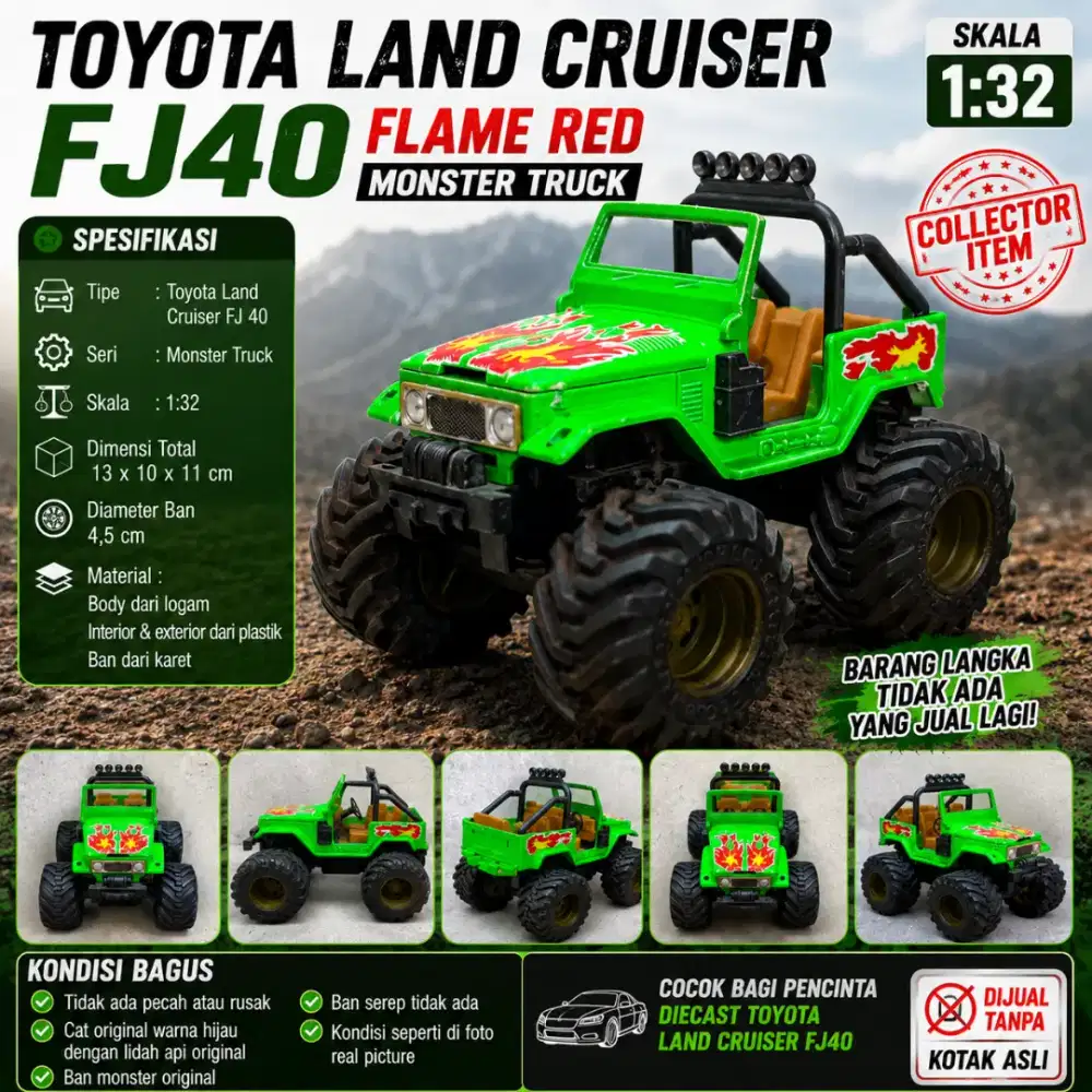 TOYOTA LAND CRUISER FJ40 FLAME RED MONSTER TRUCK DIECAST 1:32 GREEN