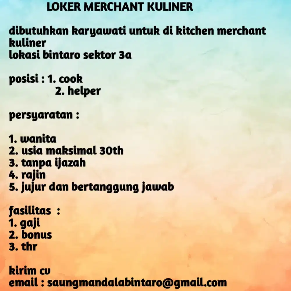 LOKER WANITA CLOUD KITCHEN BINTARO