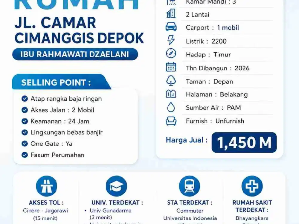 DIJUAL RUMAH  JL. CAMAR CIMANGGIS DEPOK IBU RAHMAWATI DZAELANI