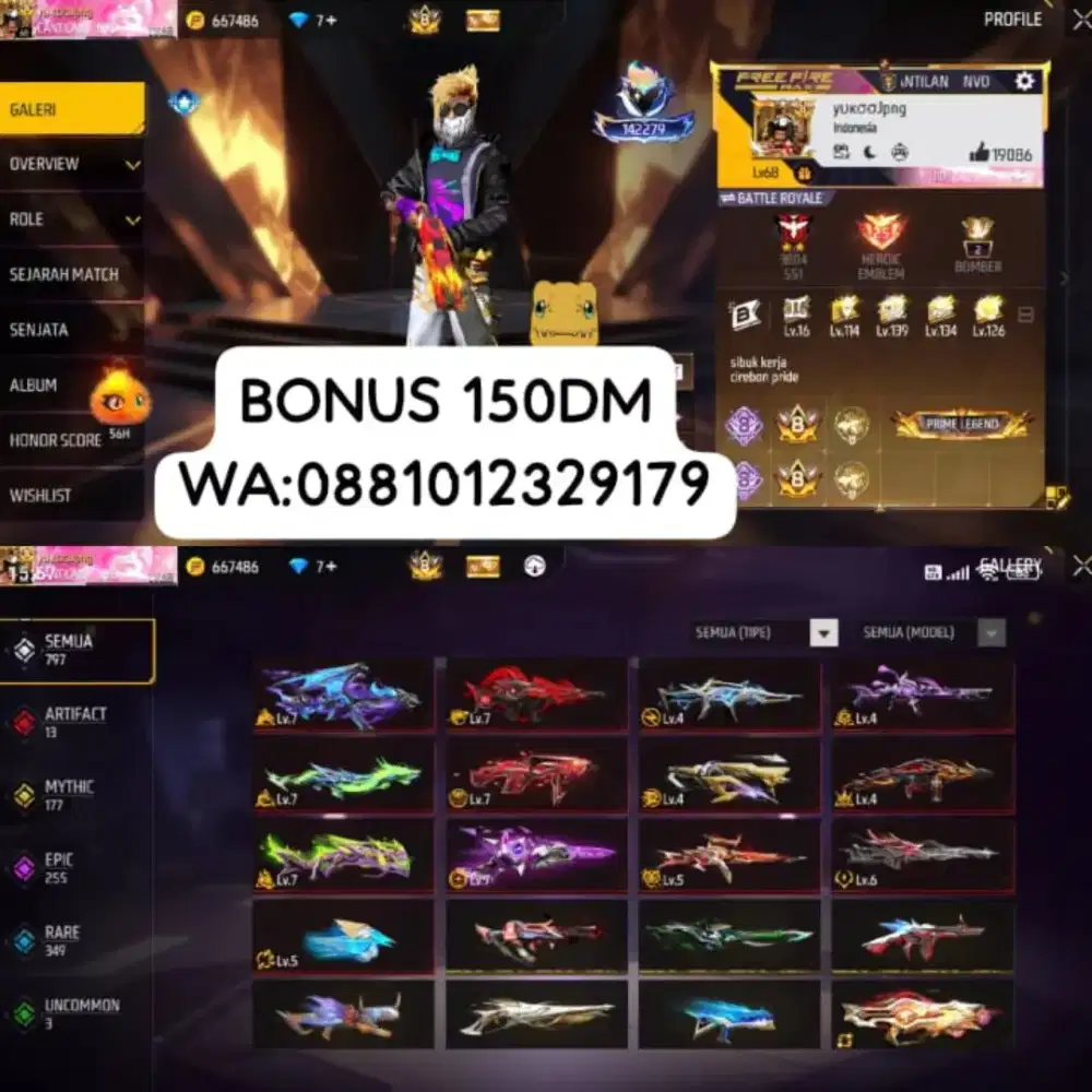 Jual akun FF (free fire) aman terpercaya bonus 150DM tampilan keren
