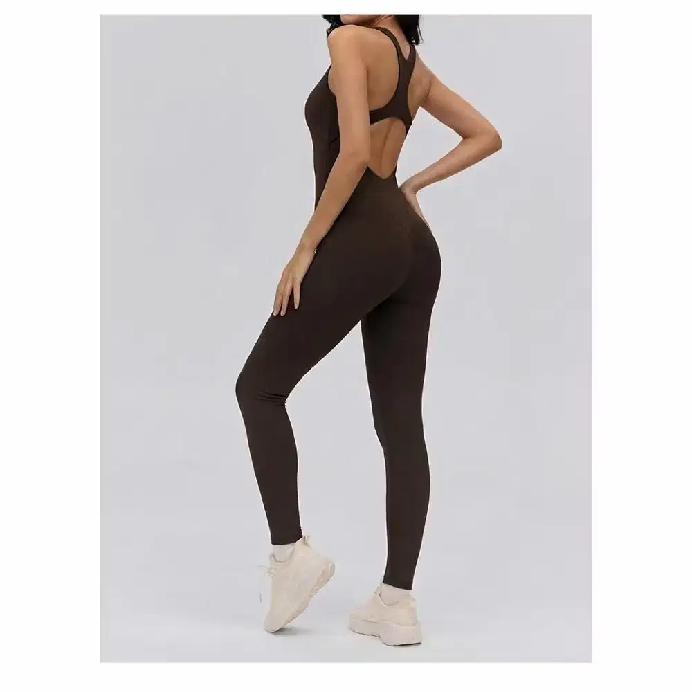 BACKLESS RACER BACK DESIGN JUMPSUIT WORKOUT GYM Baju senam coklat