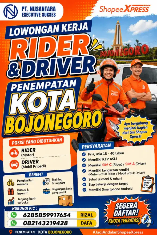 Dibutuhkan kurir shope xpress kota BOJONEGORO