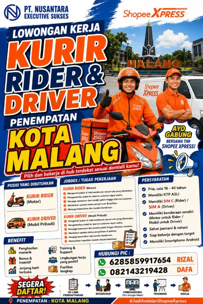 Dibutuhkan kurir shope express area kota MALANG DAN KOTA BATU