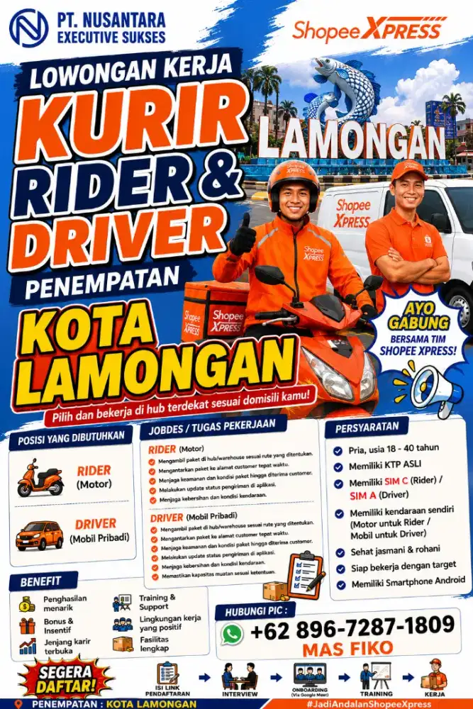 Dibutuhkan kurir shope express area kota lamongan