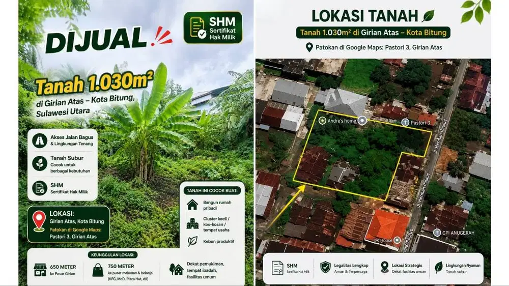 DIJUAL TANAH DI GIRIAN ATAS, KOTA BITUNG, SULAWESI UTARA