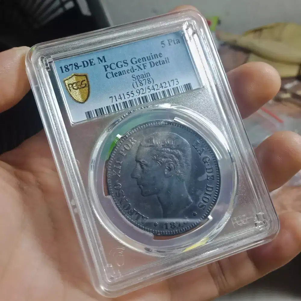 Koin Langka PCGS XF 1878 KING ALFONSO 5 PESETAS SPANYOL HITAM DETAIL