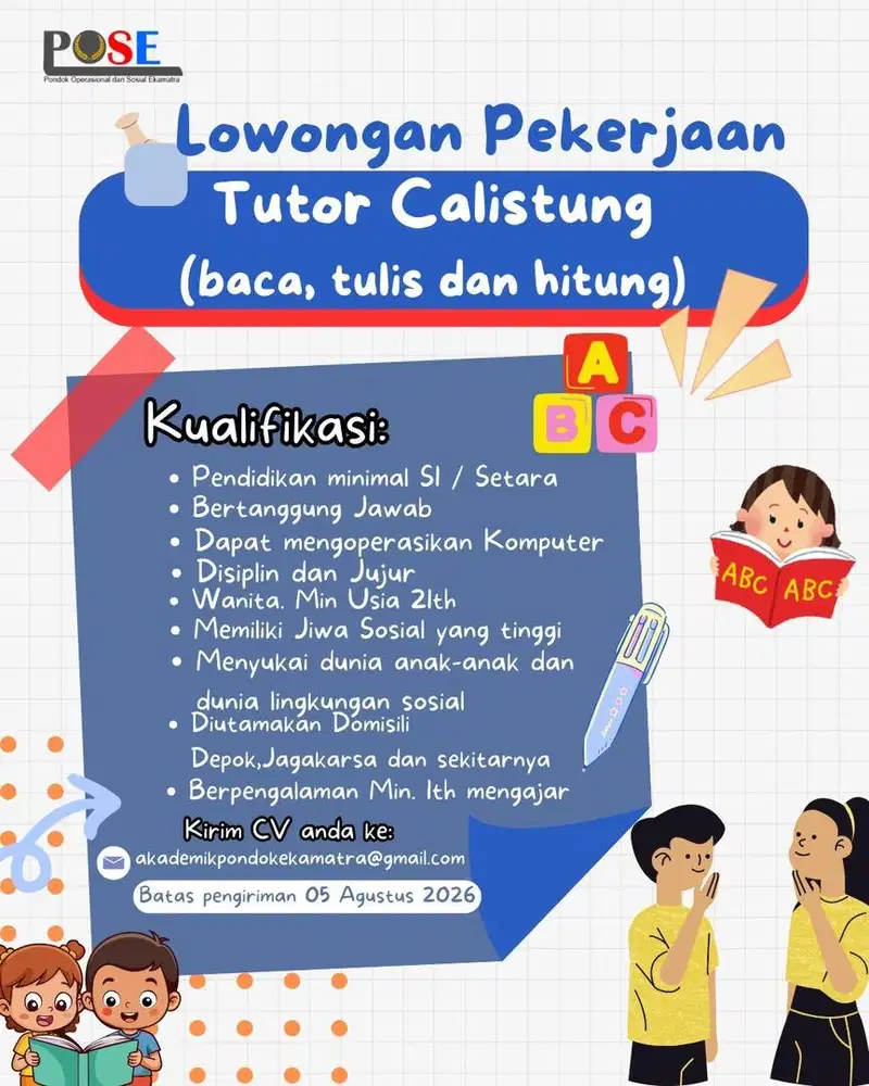 Lowongan Kerja Guru / Tutor Calistung