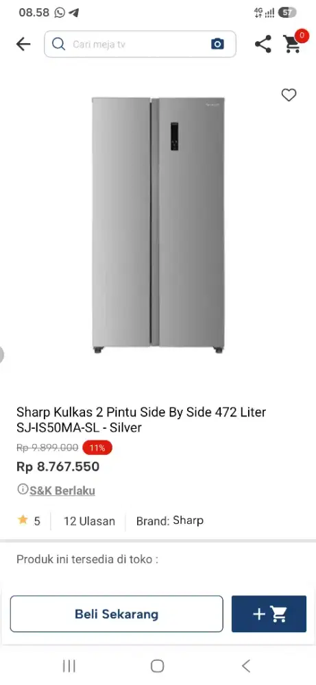 Sharp kulkas 2 pintu side by side 472 liter