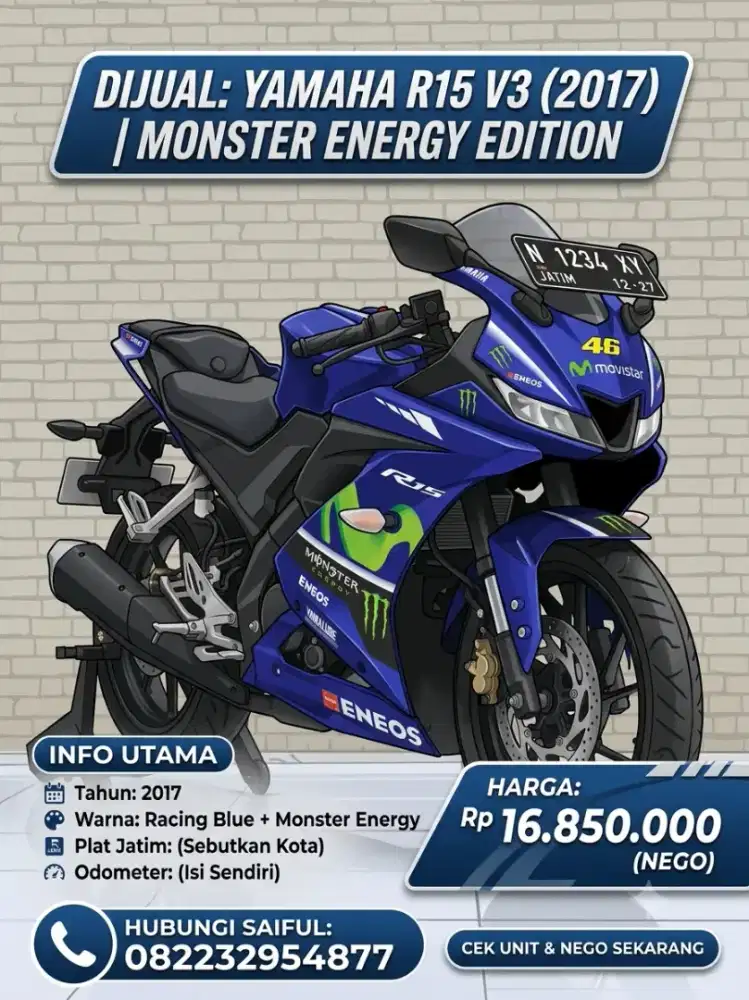Perfect Condition!!Yamaha R15 V3 2017 Monster Energy Mulus--Mustika