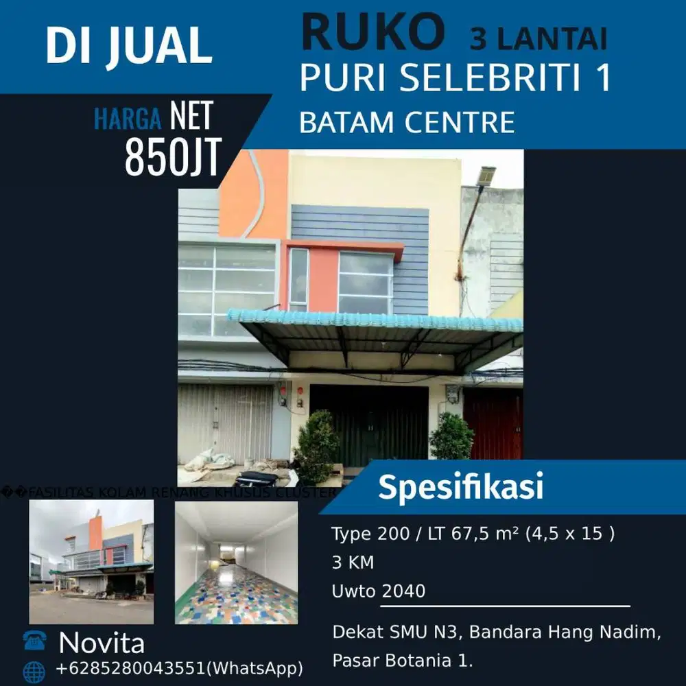 1 Unit Ruko 3 Lantai Siap Pakai & Full Renovasi Puri Selebriti 1 Batam