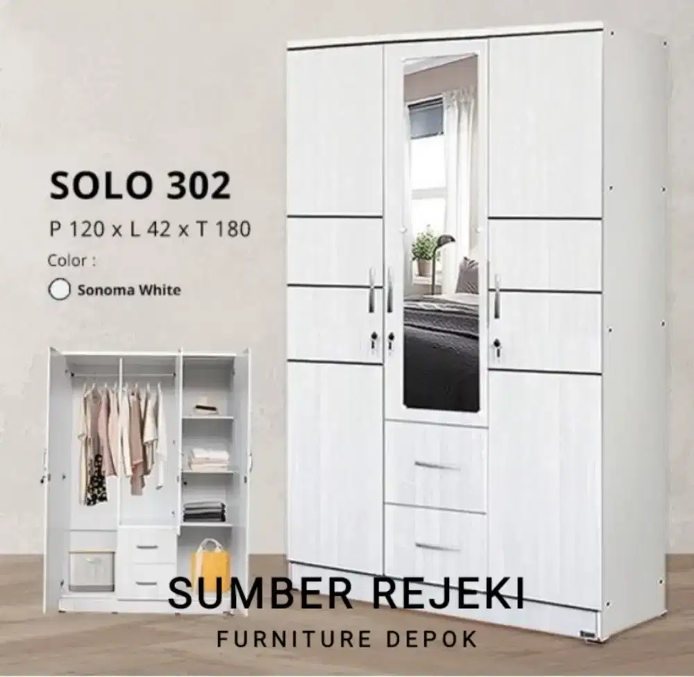 Lemari pakaian 3 pintu white laci