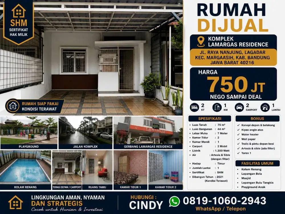 Rumah Dijual Lamargas Residence SHM LT75 LB44 Harga 750 Juta Nego