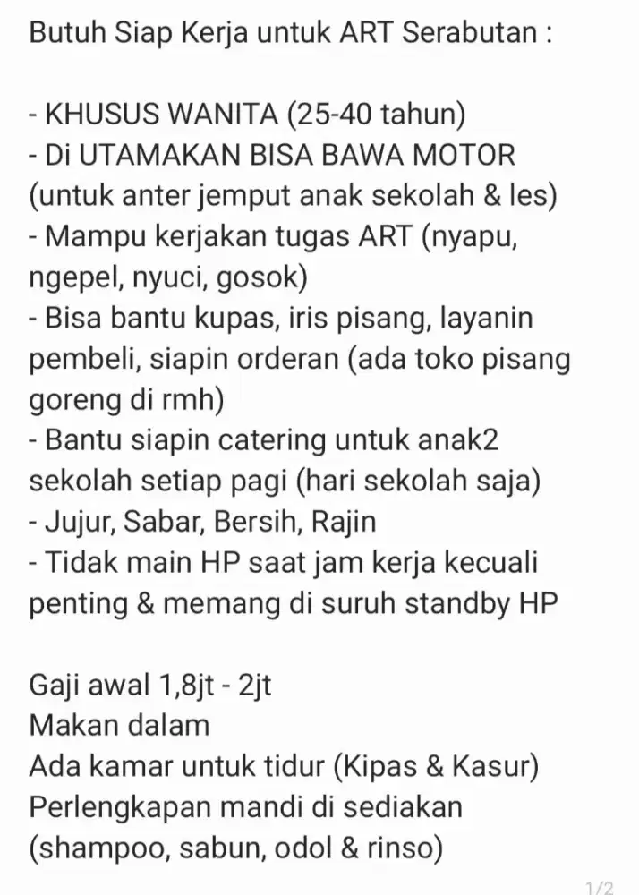 Di Butuhkan ART Serabutan