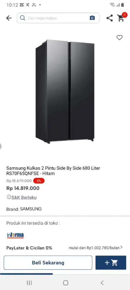 Samsung kulkas sbs 680 liter