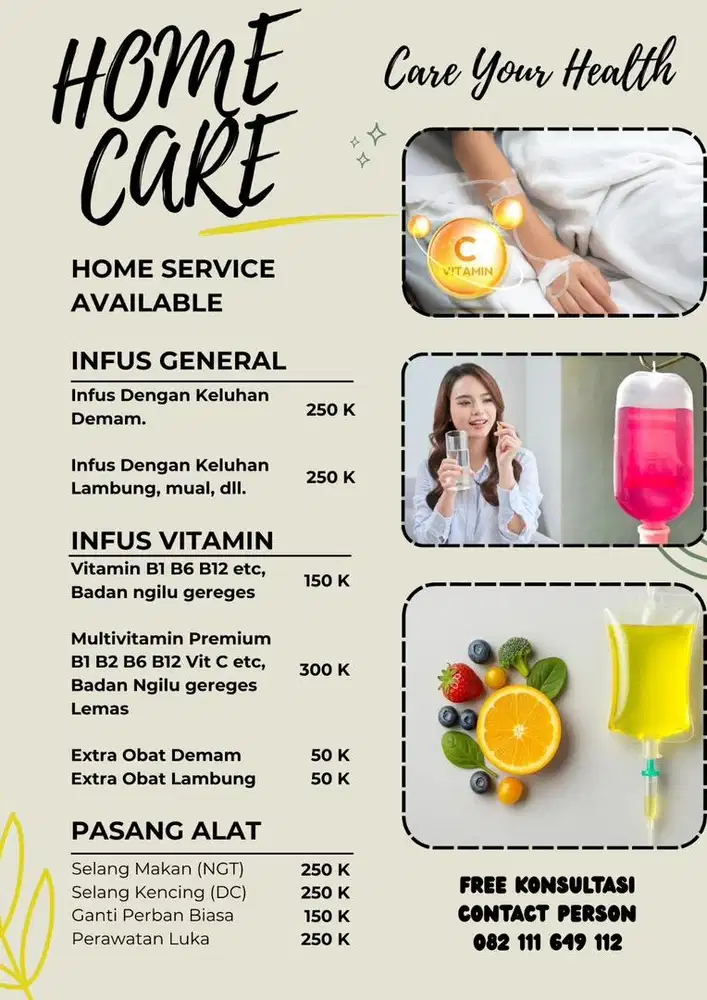 Home care / infus vitamin / infus lambung, demam, pasang alat medis