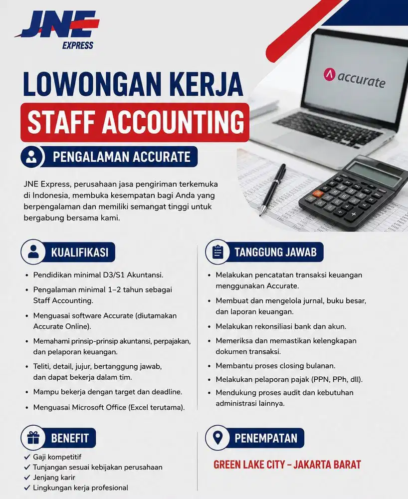 Lowongan Staff Accounting JNE Green Lake City