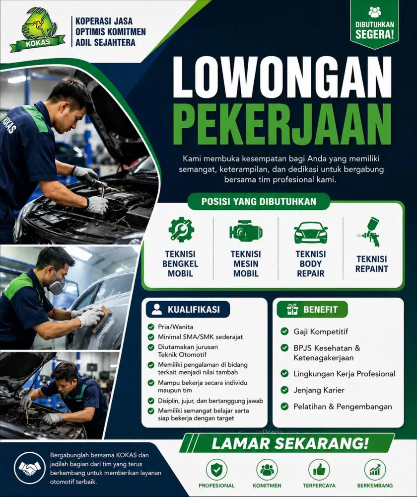 Lowongan Kerja Teknisi Bengkel, Mesin, Body Repair & Repaint Mobil