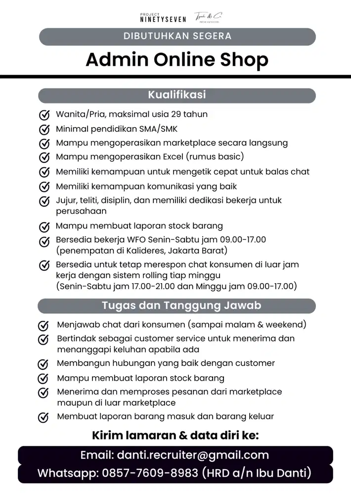 DIBUTUHKAN ADMIN ONLINE SHOP (KALIDERES, JAKARTA BARAT)