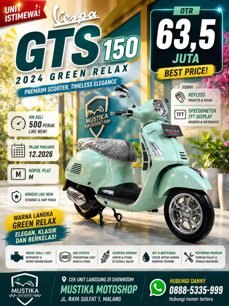 Vespa GTS 150 Green Relax Keyless. Km 500. Plat M.DANNY Mustika Malang