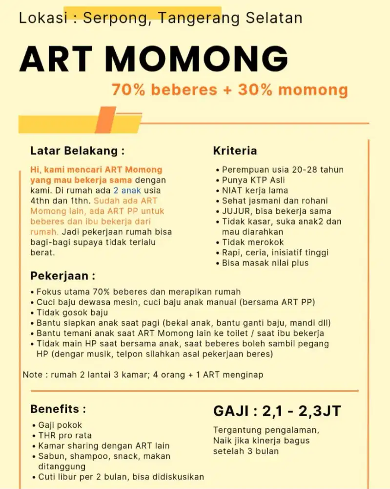 Lowongan ART Momong Menginap