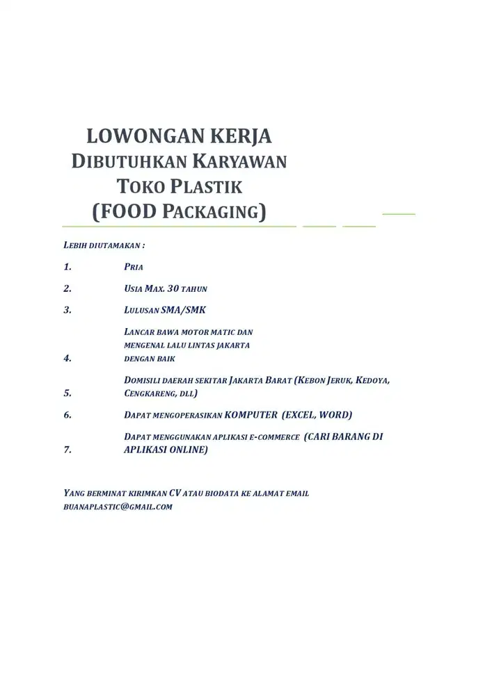 Dibutuhkan Karyawan Toko Plastic (Food Packaging)