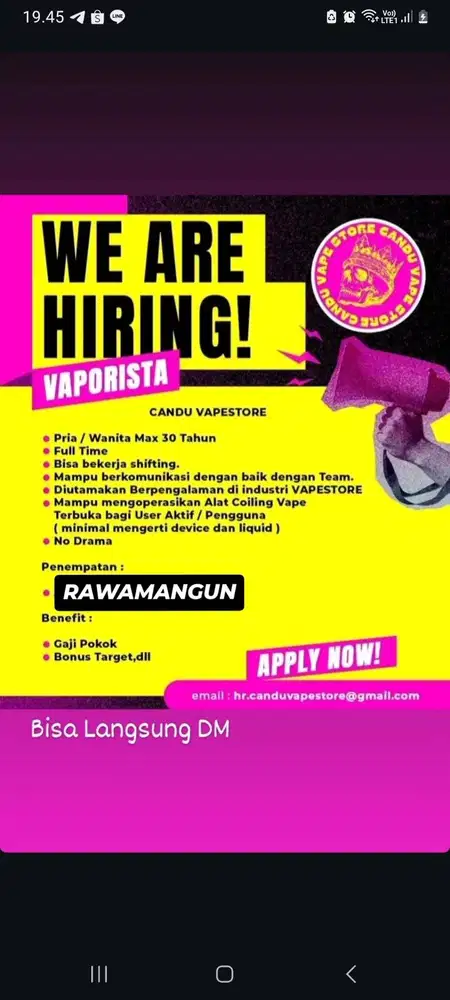 LOKER VAPORISTA RAWAMANGUN