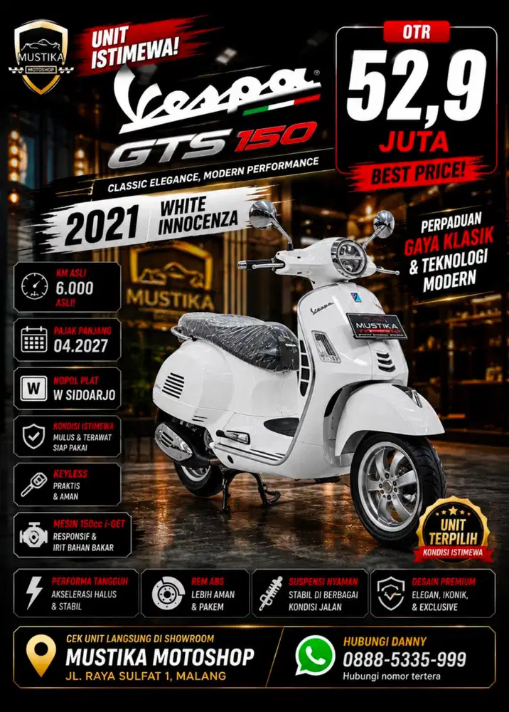 KM 6rb‼️Vespa GTS 150 White Innocenza 2021. Plat Panjang.DANNY Mustika