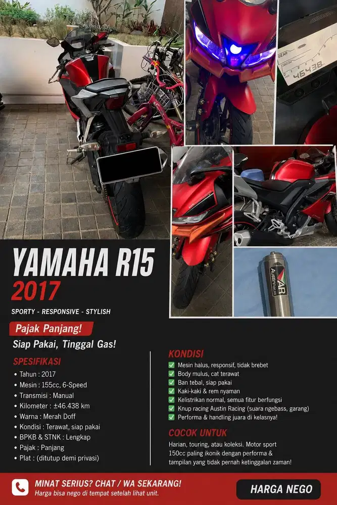 Dijual Yamaha R15 V3 2017 warna Merah Doff.