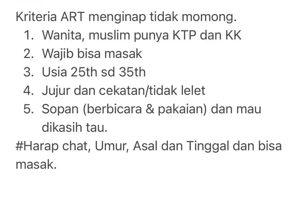Dicari pembantu rumah tangga Tinggal
