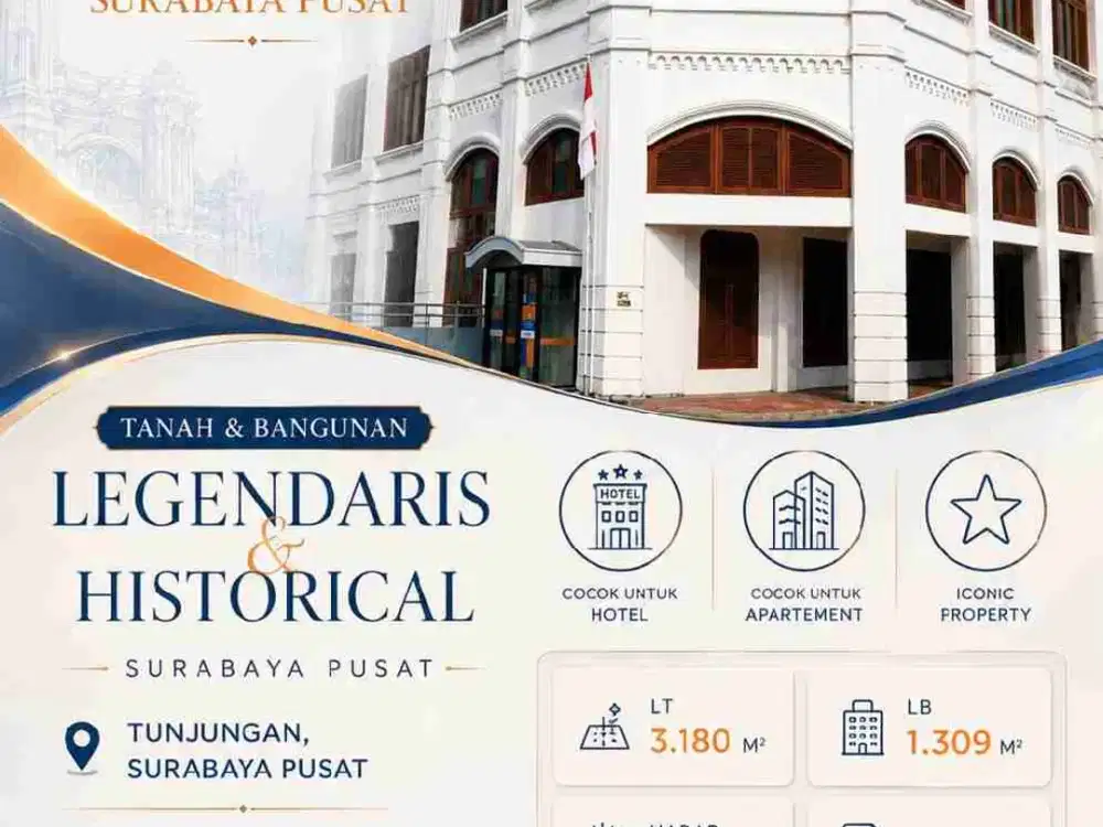 SPECIAL PRICE Satu-Satunya di Surabaya Pusat
Tanah & Bangunan Legendaris & Historical Surabaya Pusat
*Tunjungan, Surabaya Pusat*
cocok utk Hotel, Apartement 
Iconic Property

LT 3.180 M²
LB  1.309 M²
Hadap Timur
HGB | PLN 6600W

Special Rp 135 M Nego ‼

B