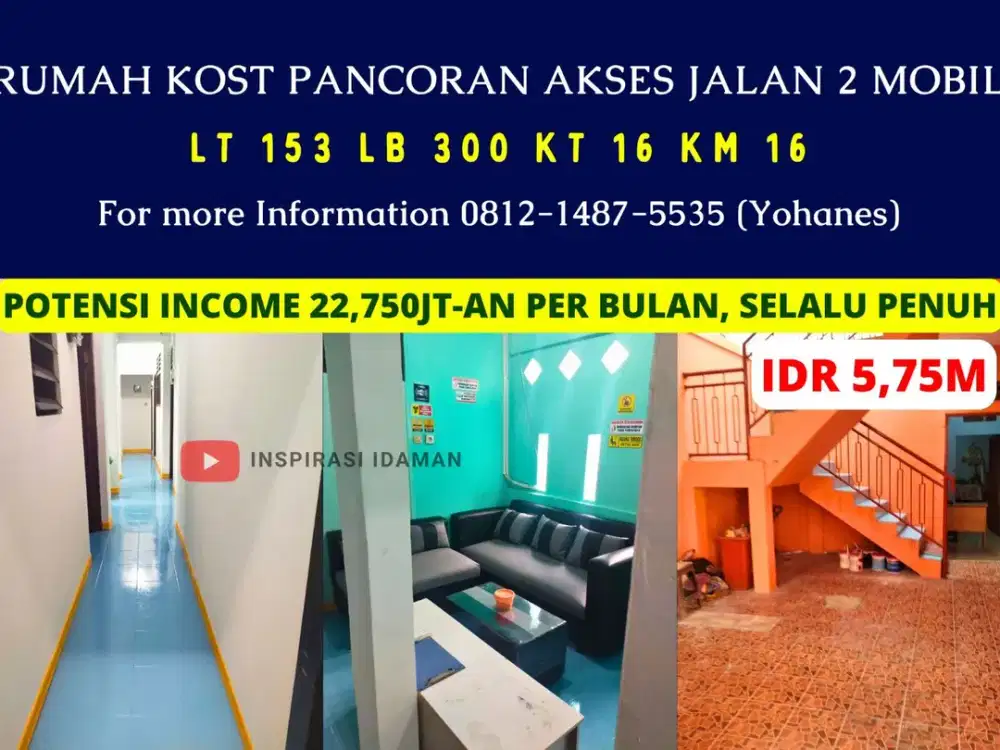Rumah Kost Pancoran 16 Kamar Akses Jalan 2 Mobil