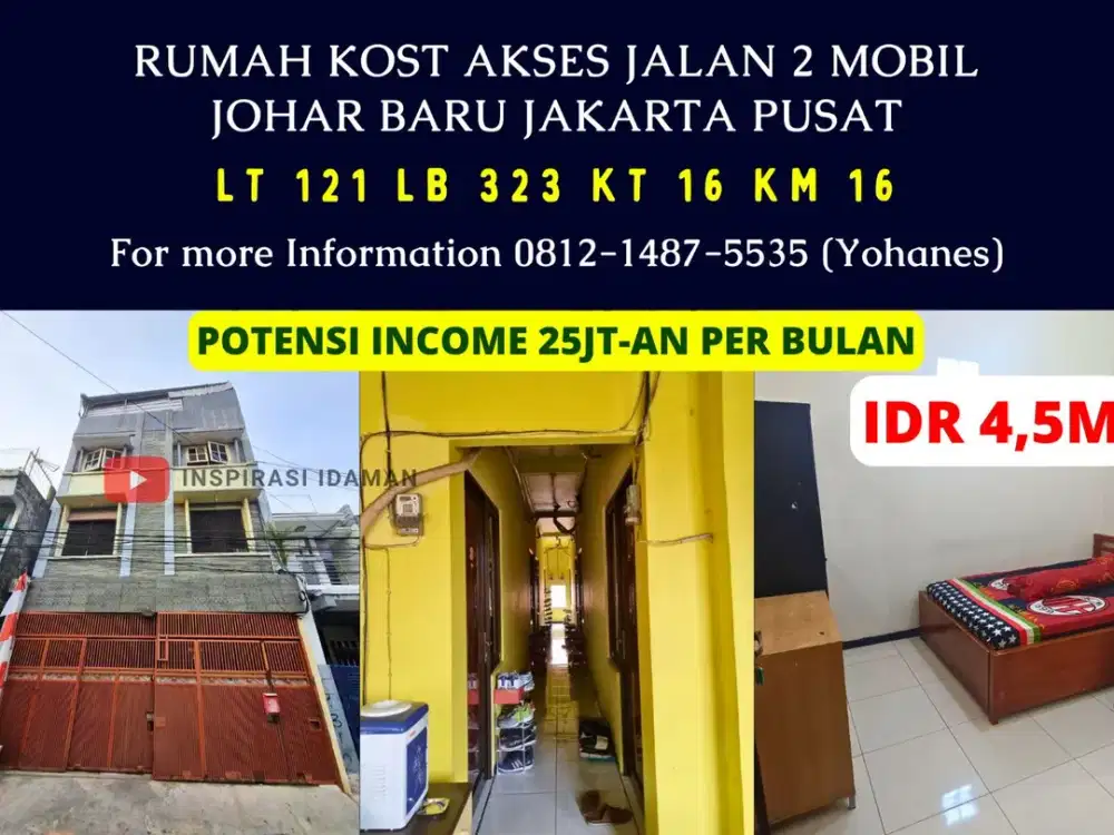 Rumah Kost 16 Kamar Akses Jalan 2 Mobil Johar Baru Jakarta Pusat