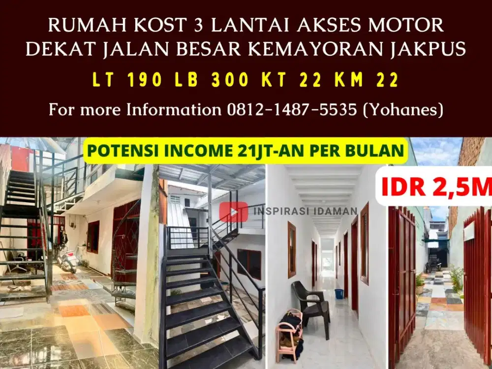 Rumah Kost 3 Lantai 22 Kamar dekat Jalan Besar Kemayoran Jakpus