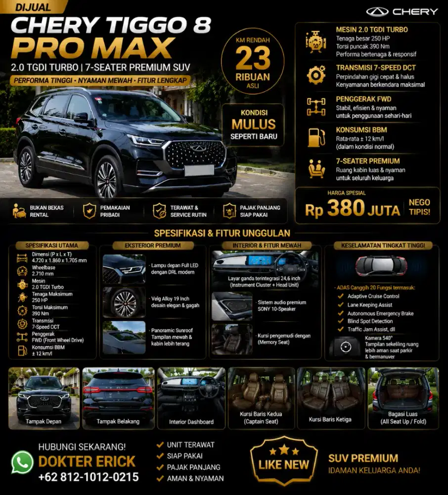 Chery Tiggo 8 Pro Max 2.0 TGDI Turbo 250HP Like New KM23 Ribu -Pribadi