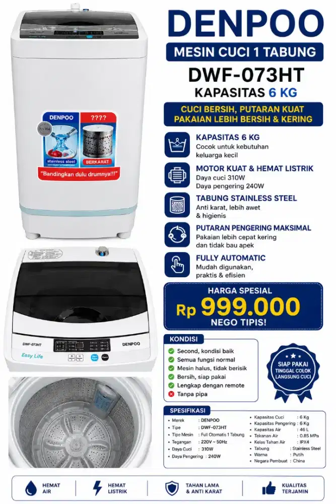 Mesin Cuci DENPOO,1 Tabung 6 Kg DWF-073HT-Full Otomatis Stainless