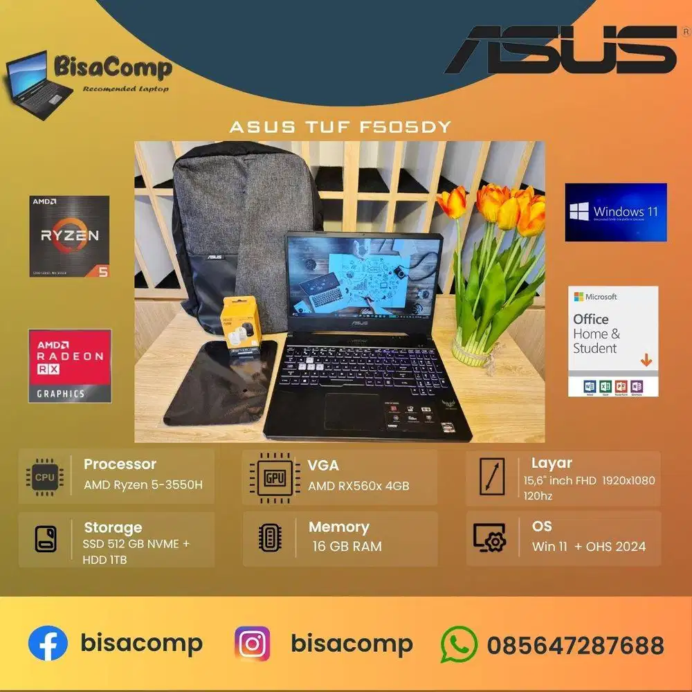 Asus Tuf F505DY AMD ryzen 5-3550H ssd 512gb hdd 1tb ram 16gb vga 4gb