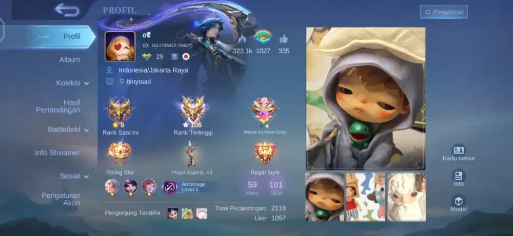 JUAL AKUN ML MYTHICAL IMMORTAL 106