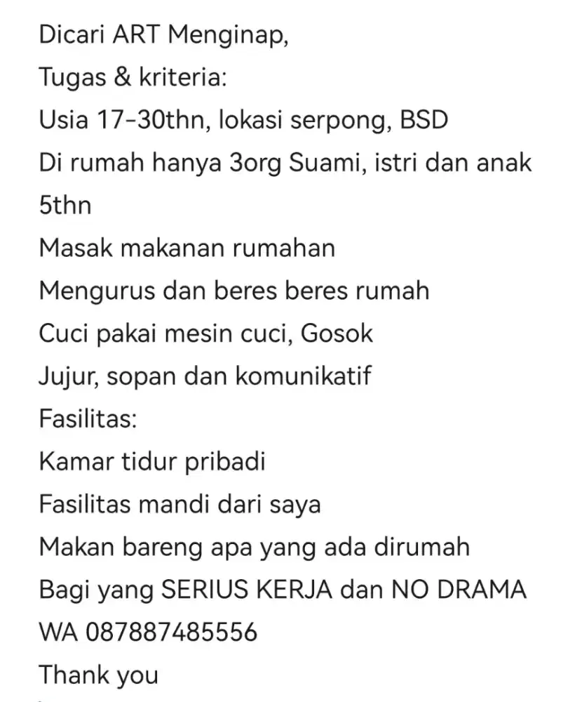 Dicari ART Menginap