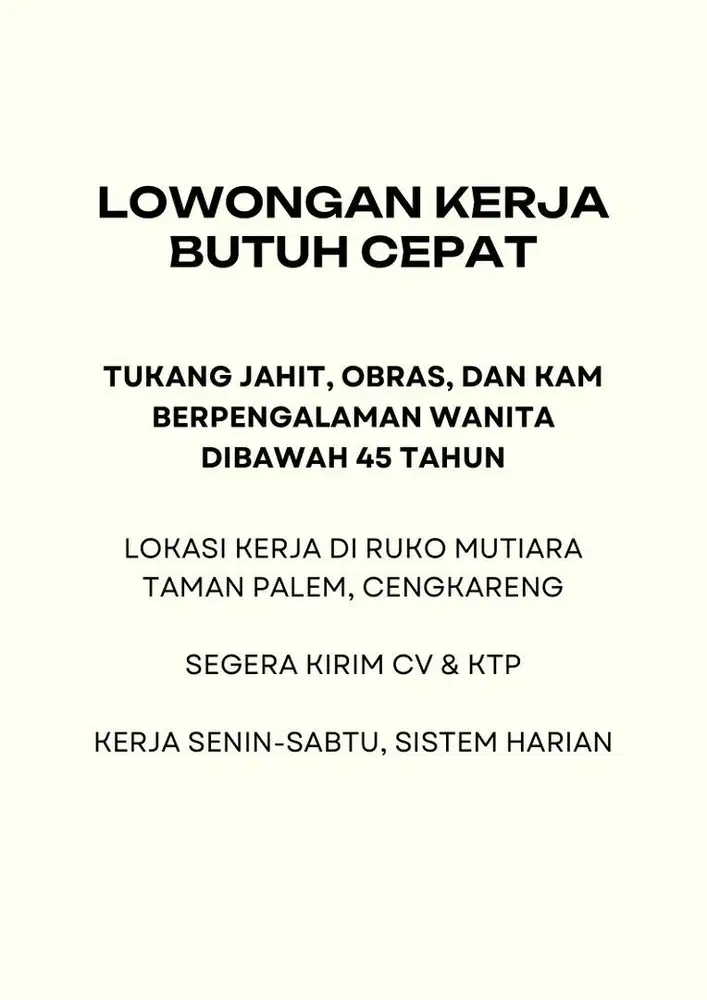 DICARI Tukang Jahit, Kam, Obras BERPENGALAMAN, WANITA
